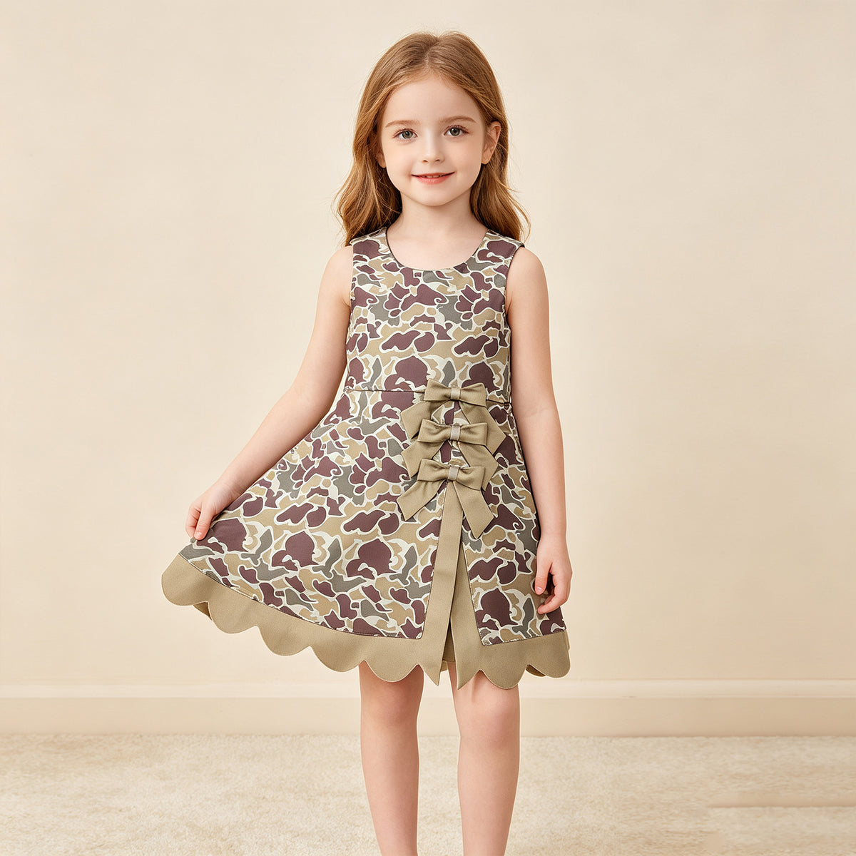 RTS NO MOQ （In stock）yoga fabric GSD4228 Baby Girls Southern Khaki Camo Yoga Active Short Scallop Bows Knee Length Dress