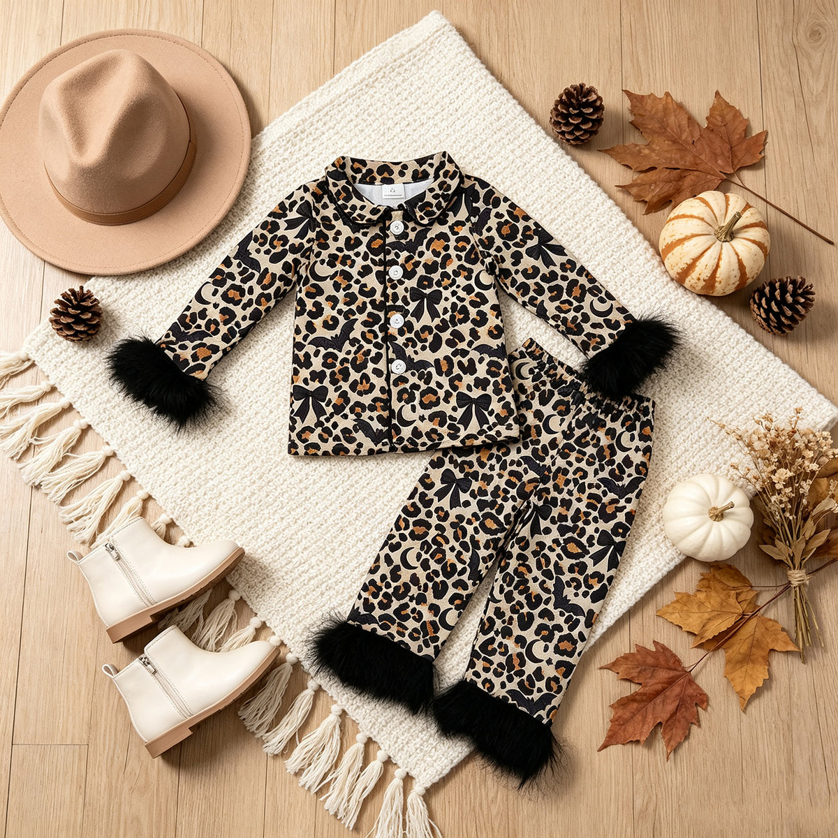 RTS NO MOQ （In stock）milk silk GLP3640 Baby Girls Leopard Bats Button Top Pant Fur Sleeves Halloween Pajamas Set