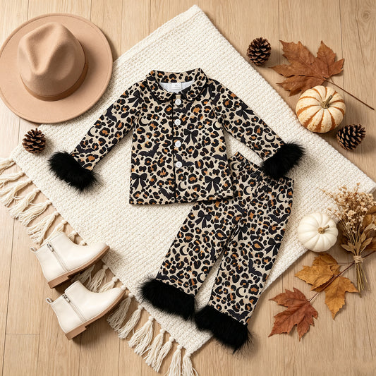 RTS NO MOQ （In stock）milk silk GLP3640 Baby Girls Leopard Bats Button Top Pant Fur Sleeves Halloween Pajamas Set