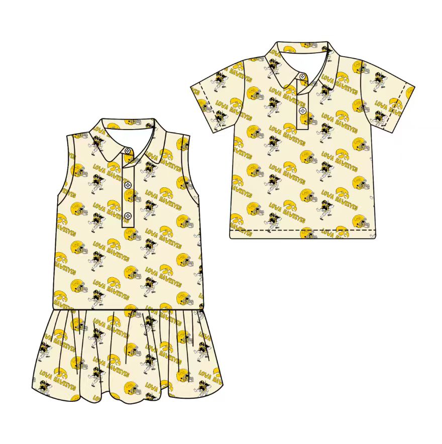3.17 CUSTOM MOQ 5 Sibling Boys Baby Girls Summer Fashion Short Sleeve Beige Button Polo Shirts Sleeveless Dress Team Clothes Sets