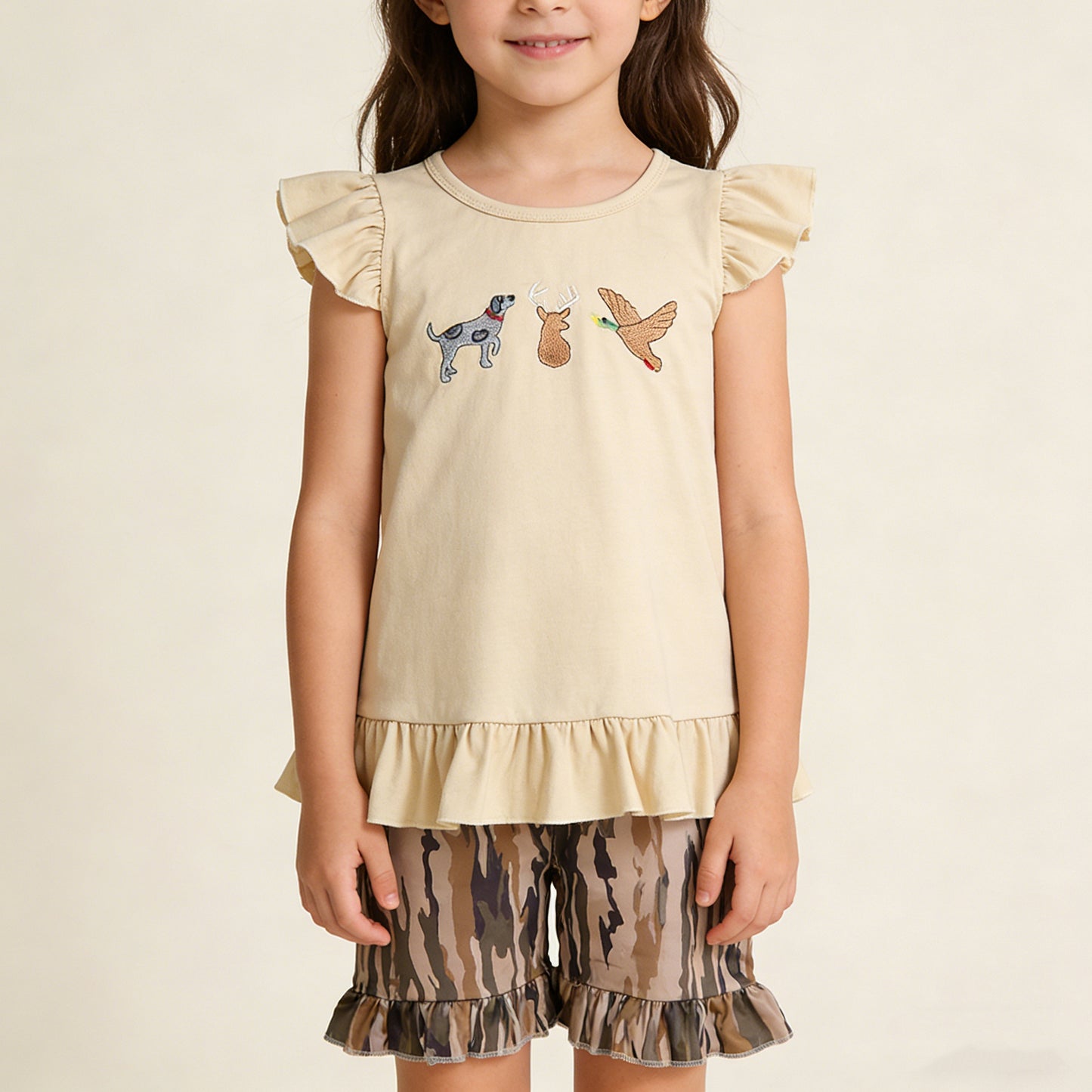 4.8 GSSO3335 RTS NO MOQ （In stock ）Dog deer duck embroidery top camo shorts girls outfits