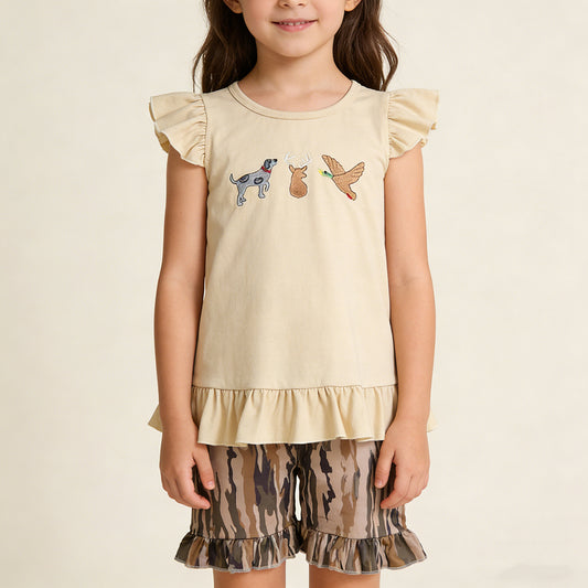 4.8 GSSO3335 RTS NO MOQ （In stock ）Dog deer duck embroidery top camo shorts girls outfits