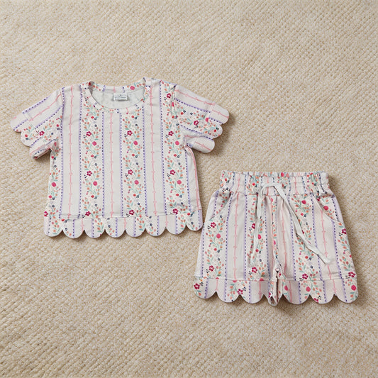 GSSO3411 RTS NO MOQ （In stock）Short sleeves scallop floral toddler girls summer outfits
