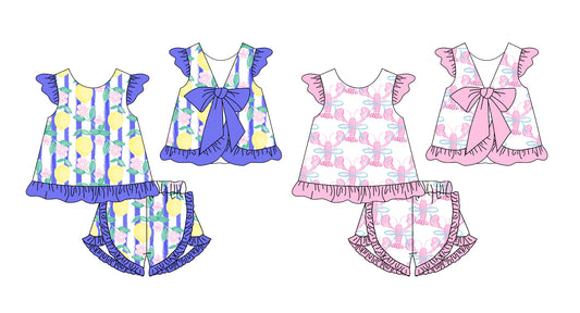 4.24 Pre order Girls Floral Lemon Top with Flutter Sleeves And Stripe Shorts Set Cute Summer Outfit for Kids