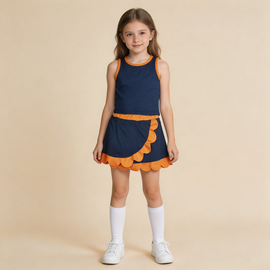 GSD4017 RTS NO MOQ （In stock ）Sleeveless navy orange scallop girls team active wear set