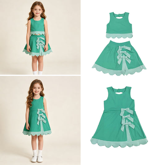 RTS Sibling Sleeveless green crop top plaid bow skirt kids girls active set and dress