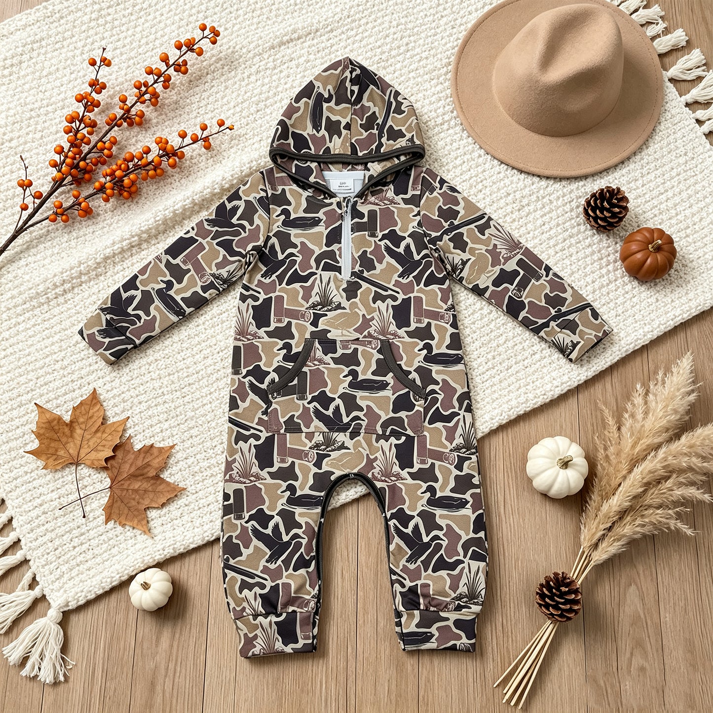 LR3029 RTS NO MOQ（In stock）milk silk  Baby Boys Grey Ducks Camo Hunting Zip Pockets Hoodie Pant Rompers