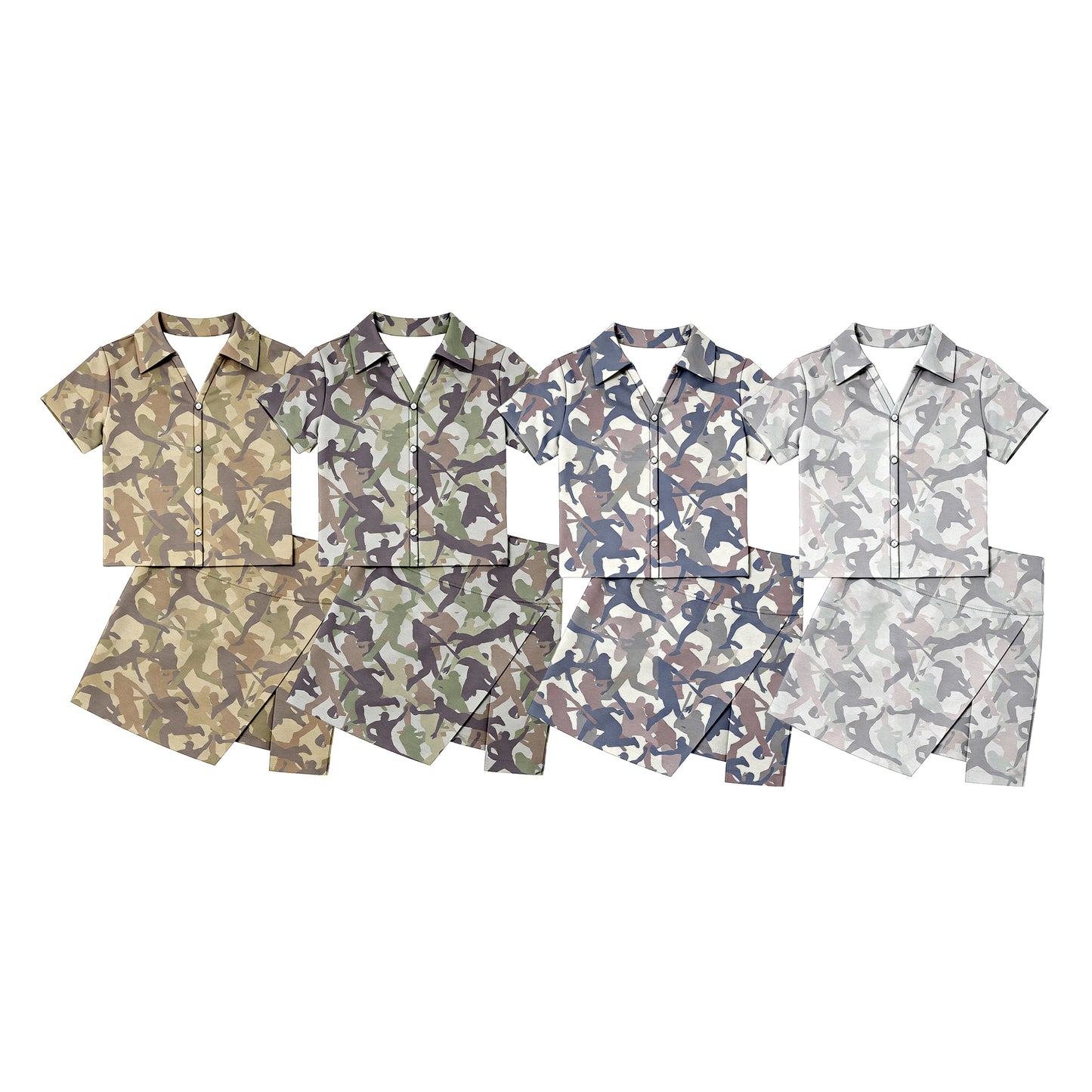 CUSTOM MOQ 5 Sibling Baby Girls Summer Camo Short Sleeve Skirt Clothes Sets