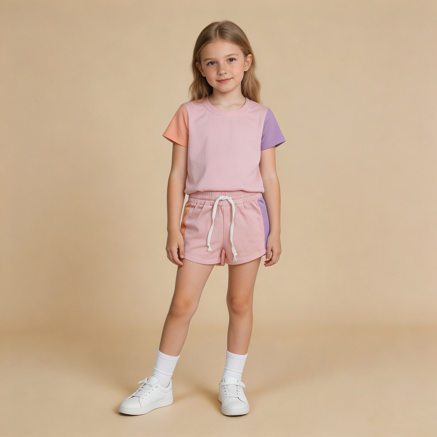 GSSO3638 RTS NO MOQ （In stock）Baby Girls Pink Patchwork Short Sleeve Shirt Top Short Clothes Set