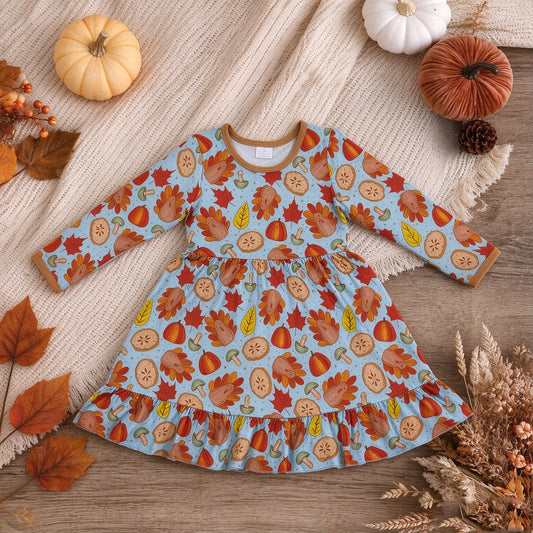 RTS NO MOQ （In stock）milk silk GLD1692 Baby Girls Pumpkins Turkey Thanksgivings Ruffle Knee Length Dress