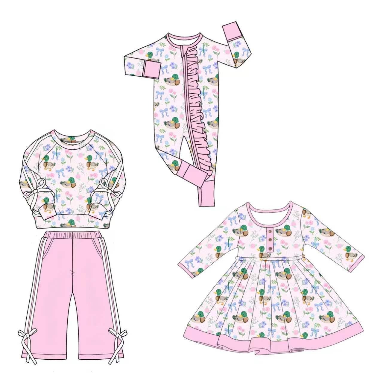 5.1 Pre order No Moq Baby Girls Ducks Flowers Top Pockets Flare Pant Hunting Clothes Sets dress and romper