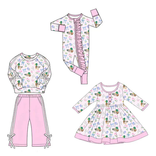 5.1 Pre order No Moq Baby Girls Ducks Flowers Top Pockets Flare Pant Hunting Clothes Sets dress and romper