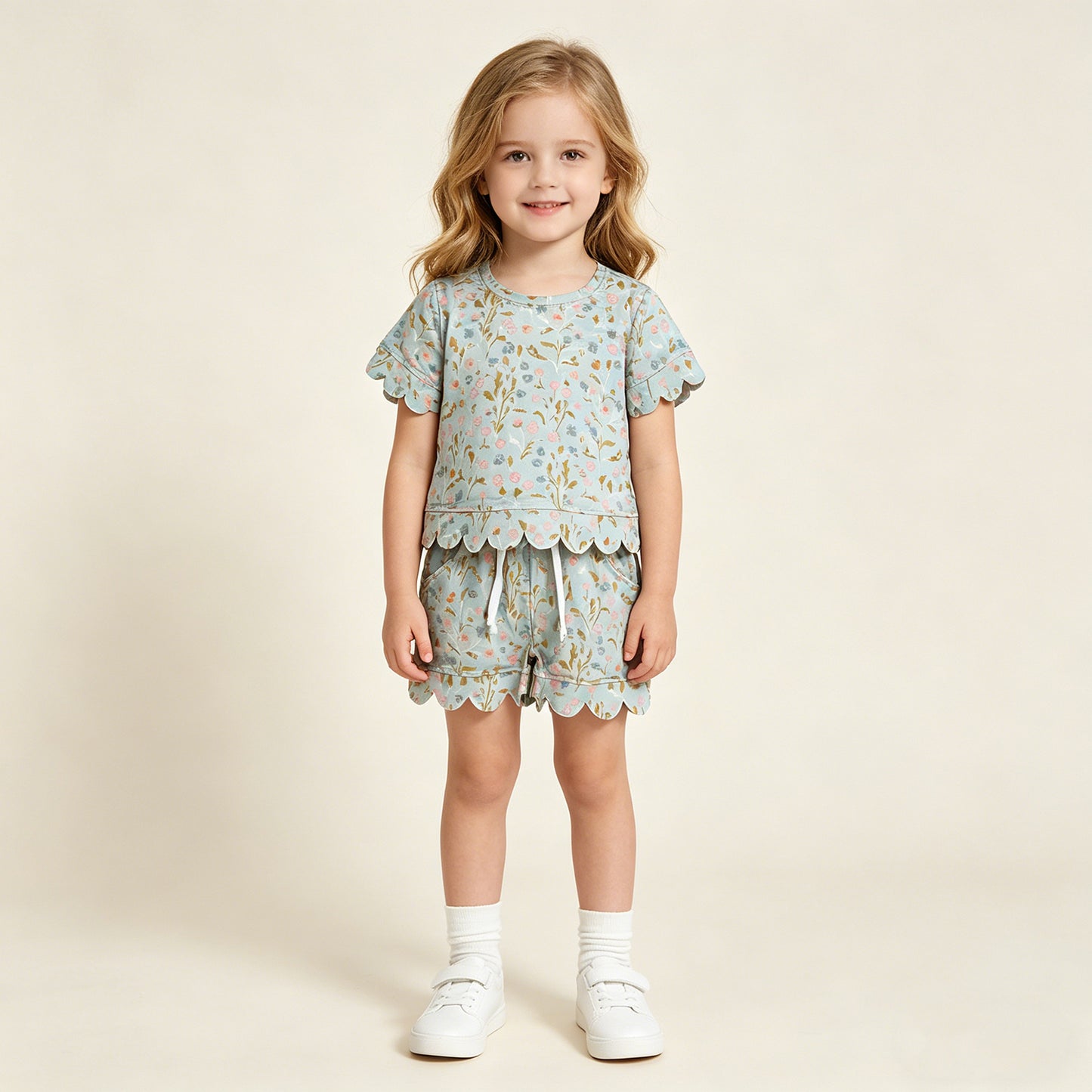 GSSO3266 RTS NO MOQ （In stock ）Mint floral scallop short sleeves top shorts girls summer set