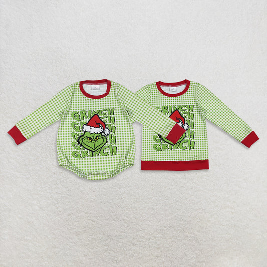 9.30 RTS Sibling Baby Boys Green Faces Christmas Checked Tee Shirts Top Rompers