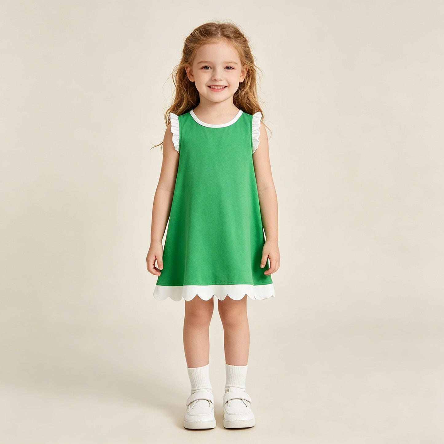 GSD4055 RTS NO MOQ （In stock）White scallop ruffle sleeveless green girls cotton dress