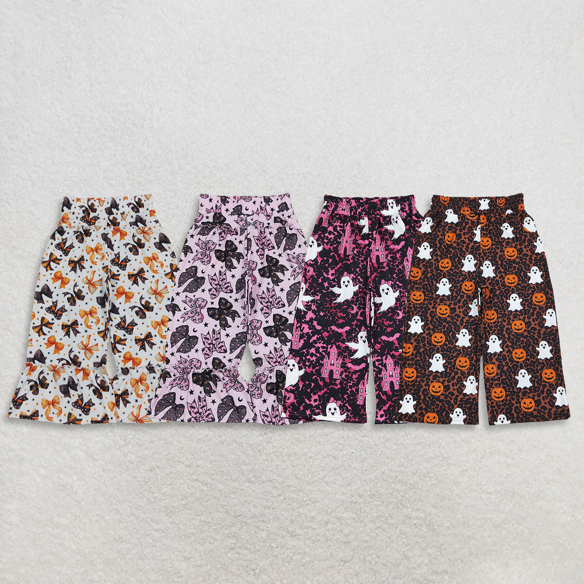 RTS NO MOQ Sibling milk silk Baby Kids Halloween Flare Pants Bow Bat Ghost Pumpkin Leopard Bell Bottom Trousers