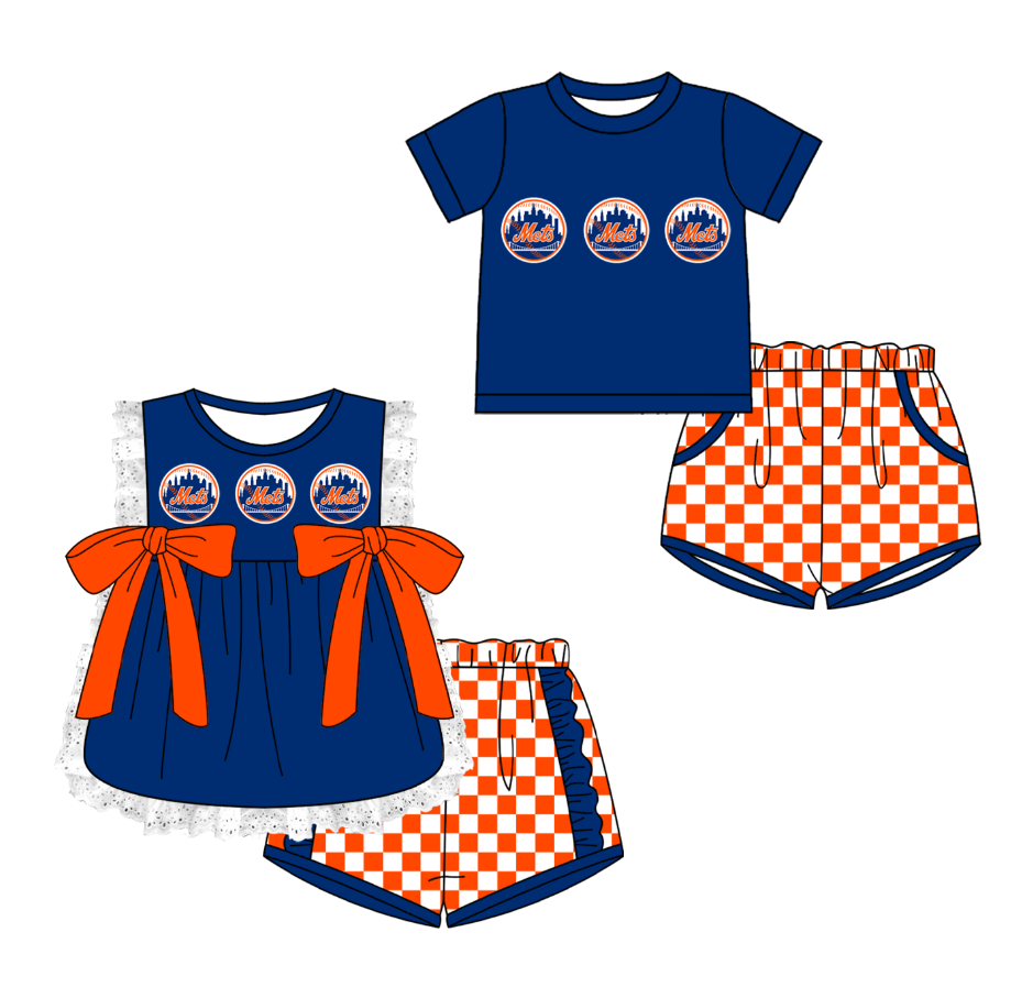 CUSTOM MOQ 5 Cute Comfortable Clothing For Kids Sibling Boys Baby Girls Summer Blue Top Checked Shorts Team Clothes Sets