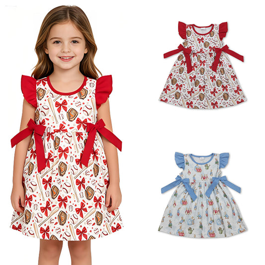 RTS Sibling bow flutter sleeves baseball kids girls dresses
