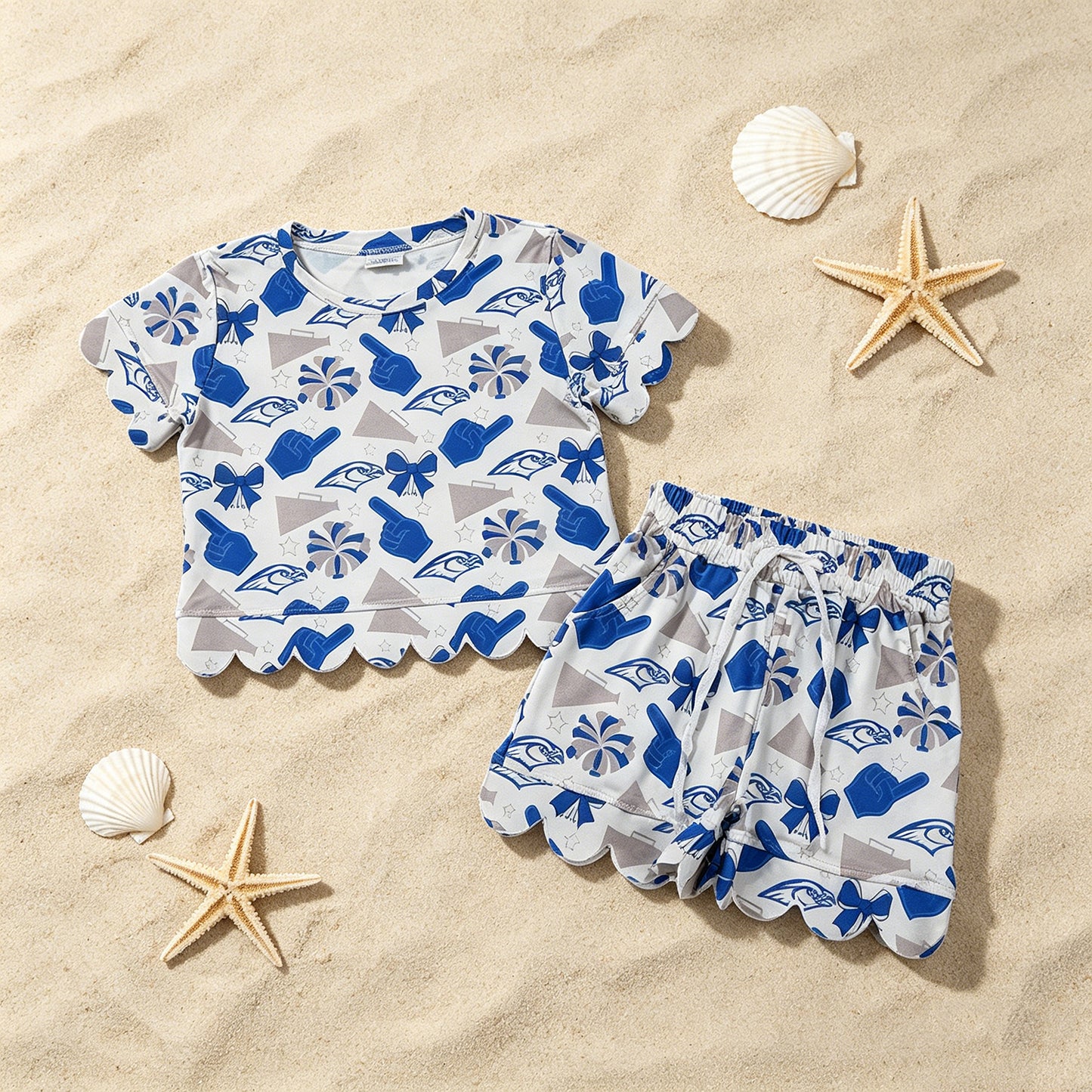 GSSO3408 RTS NO MOQ （In stock ）Short sleeves blue bow scallop top shorts girls team outfits
