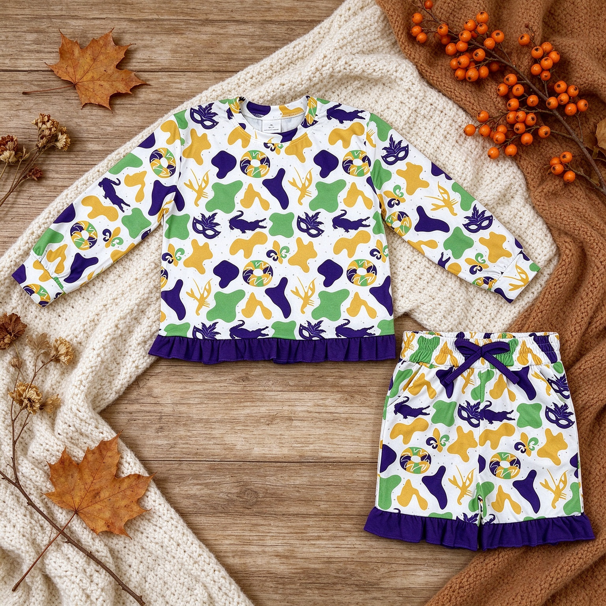 RTS NO MOQ （In stock）milk silk GLS0243 Baby Girls Donuts Masks Camo Long Sleeve Top Ruffle Short Mardigras Clothes Set