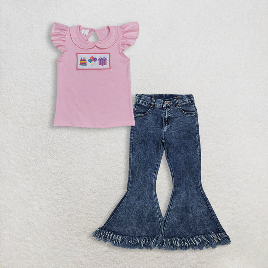 3.9 RTS NO MOQ （In stock）GT0501 + P0132 Baby Girls Birthday Pink Flutter Sleeve Tee Shirts Top  Navy Tassel Denim Bell Pants Clothes Sets