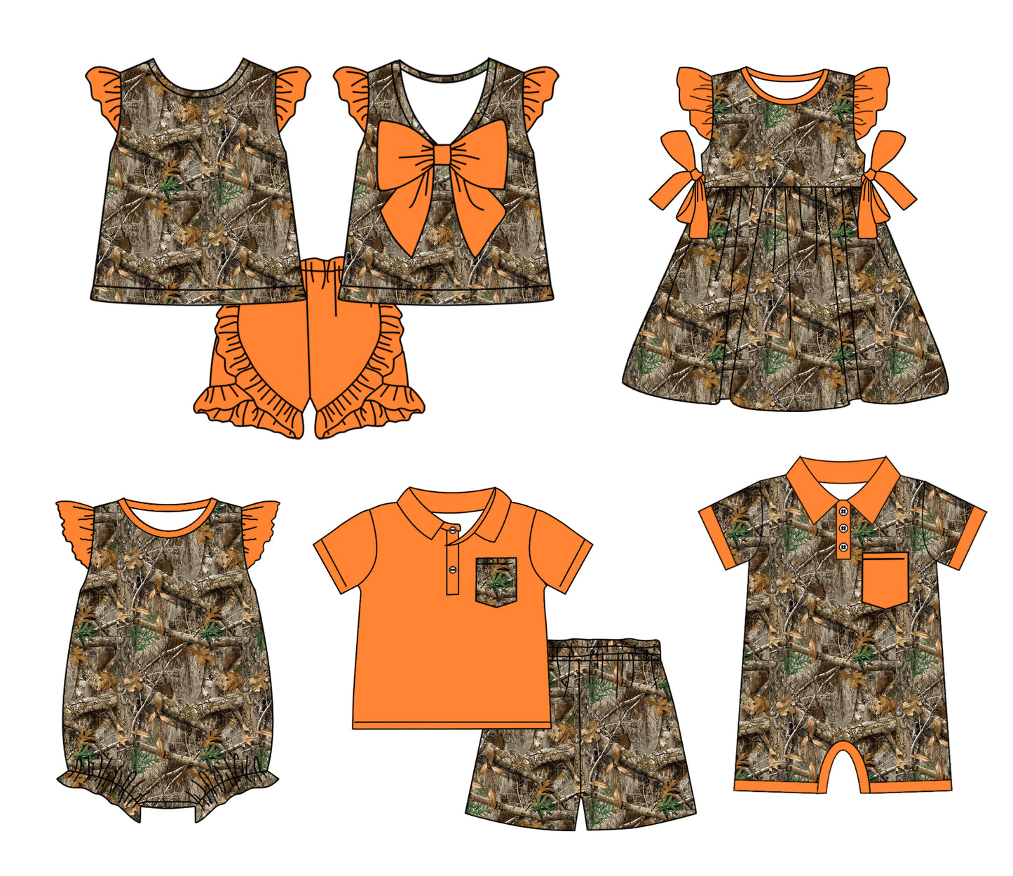 Infant Girls and Boys True Tree Camo Hunting Flutter Sleeve Onesie-Dress-Short Sleeve Shorts Set Mixed Sizes Pre-Order
