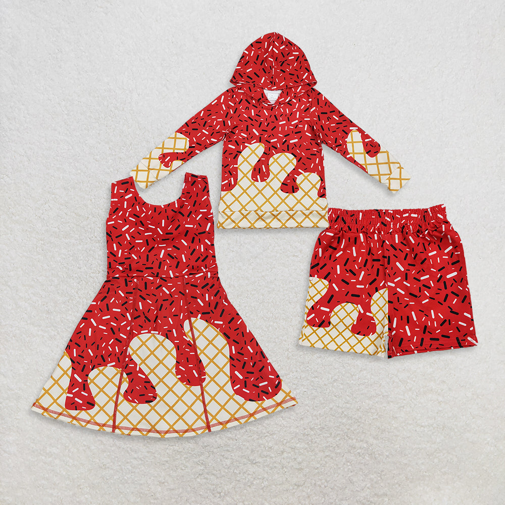 RTS Sibling Baby Girls Outfits Red Ice Cream Sprinkle Long Sleeve Baby Kids Team Hoodie Shorts Set Casual Dress for Children