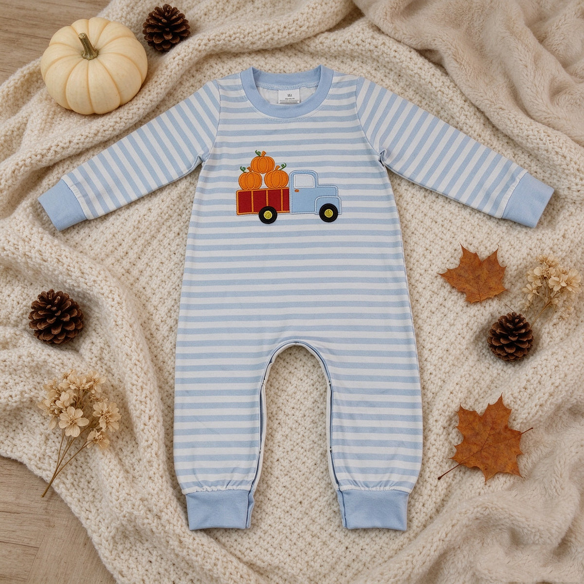 RTS NO MOQ （In stock）milk silk LR1023 Embroidery Pumpkin Truck Baby Boys Long Sleeve Fall Stripe Rompers
