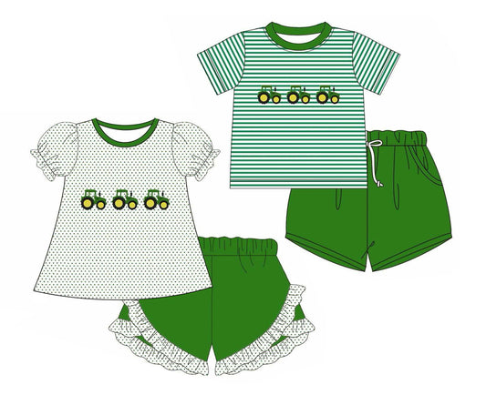 Green Polka Dots Tractor Top and Ruffle Shorts Ensemble for Farm Girls