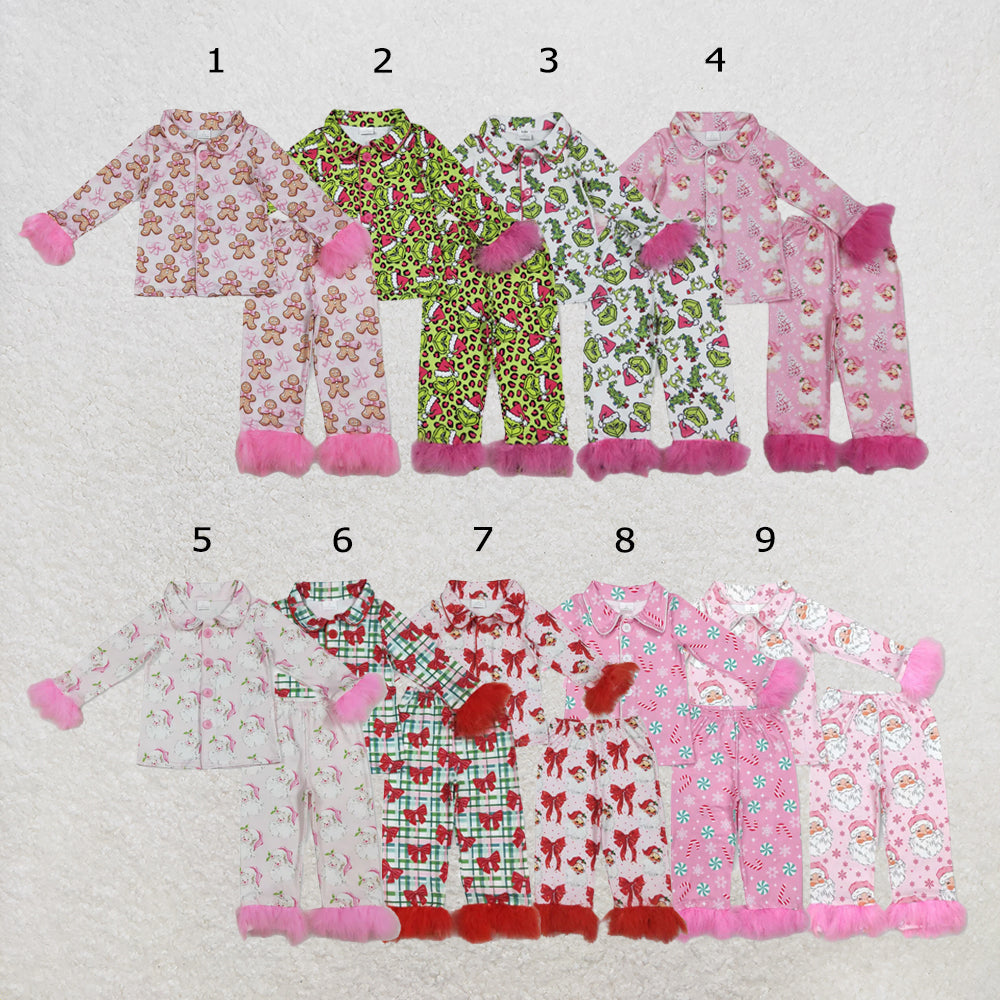 RTS Sibling Baby Girls Sister Christmas Bows Santa Buttons Top Pants Fur Pajamas Clothes Sets