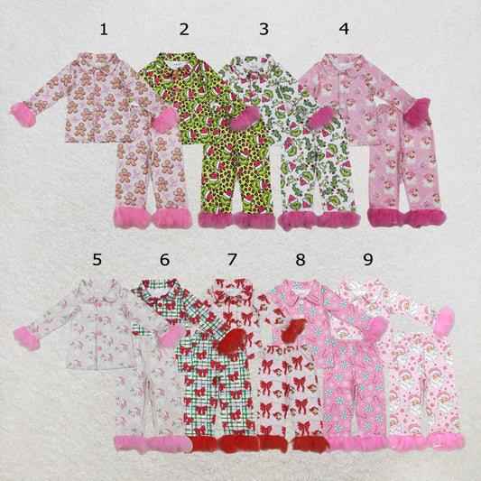 RTS Sibling Baby Girls Sister Christmas Bows Santa Buttons Top Pants Fur Pajamas Clothes Sets