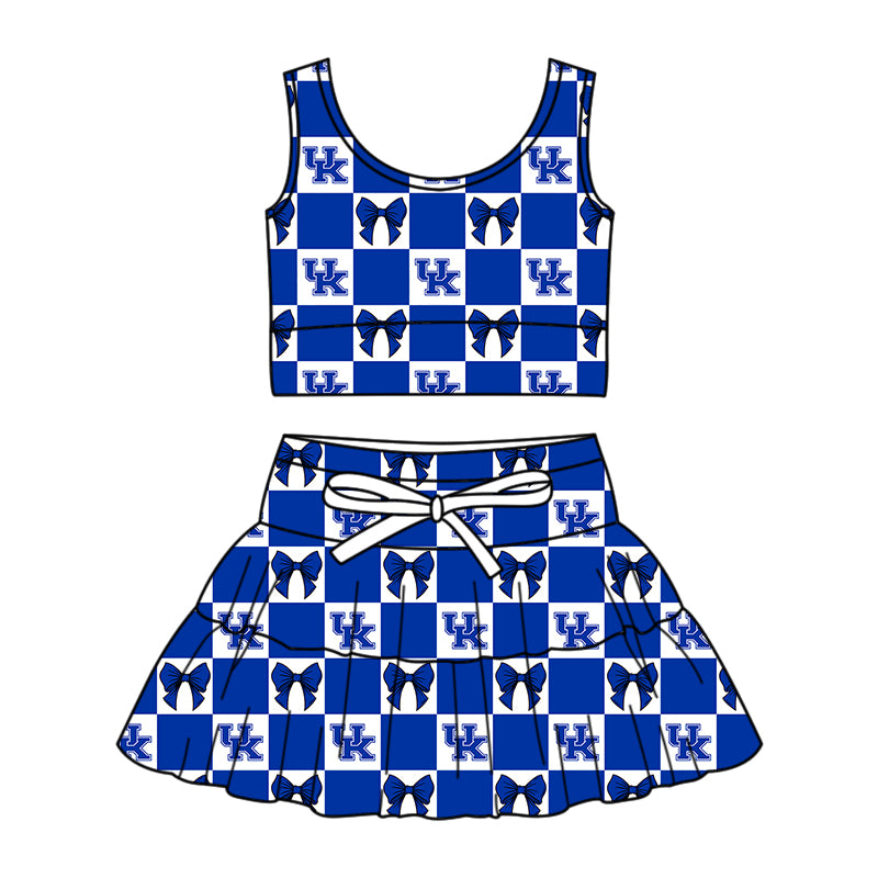 CUSTOM MOQ 5 Kids Clothing for Girls Baby Girls Blue UK Bow Plaid Top Skirts Yoga Active Team Clothes Sets