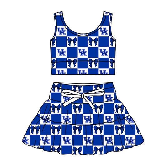 CUSTOM MOQ 5 Kids Clothing for Girls Baby Girls Blue UK Bow Plaid Top Skirts Yoga Active Team Clothes Sets