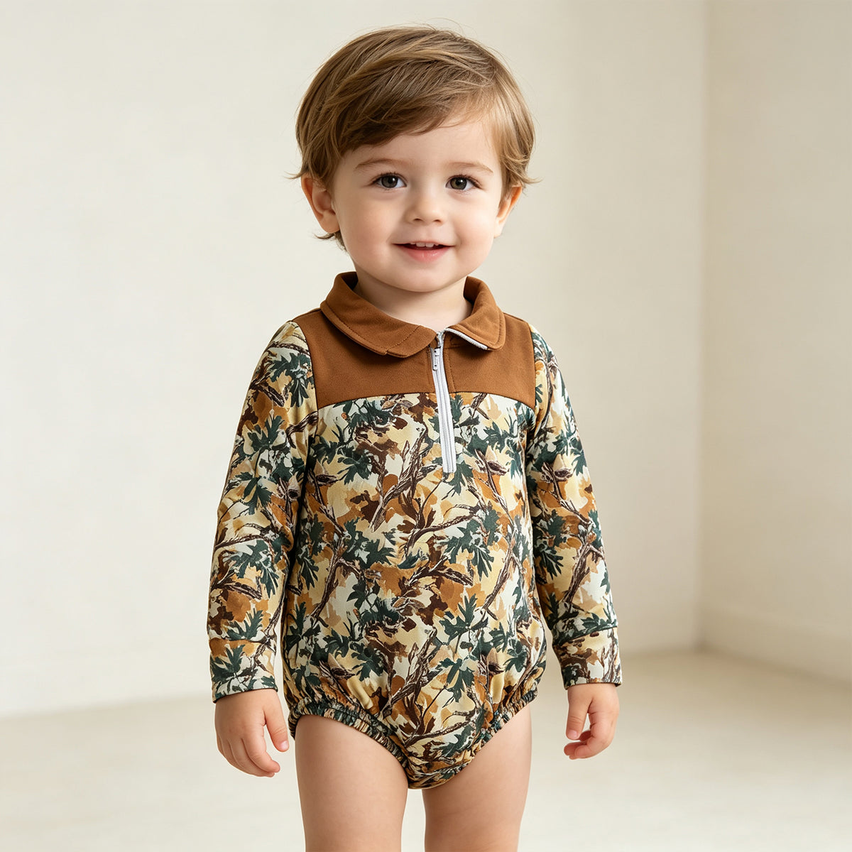 LR3048 RTS NO MOQ （In stock）Baby Boys Long Sleeve Leaves Camo Fall Zipper Rompers