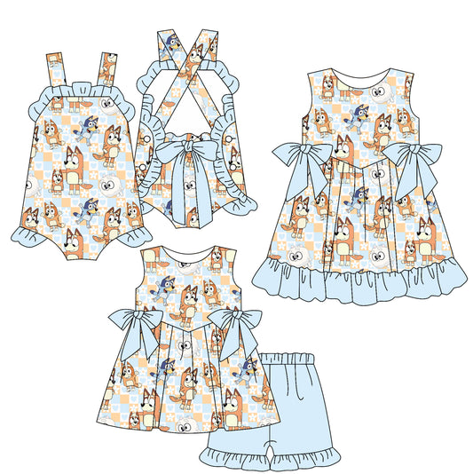 Light Blue Sleeveless Plaid Heart Girls Clothing Set Dog Pattern Children's Summer Outfit Girls' Fashionable Ensemble