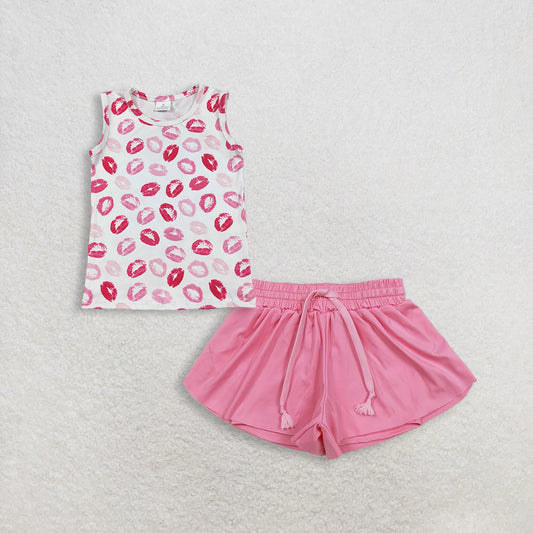 3.4 RTS NO MOQ （In stock）GT1419 + SS0546 Baby Girls Sleeveless Pink Mouths Valentines Vest Tops Shorts Bottoms