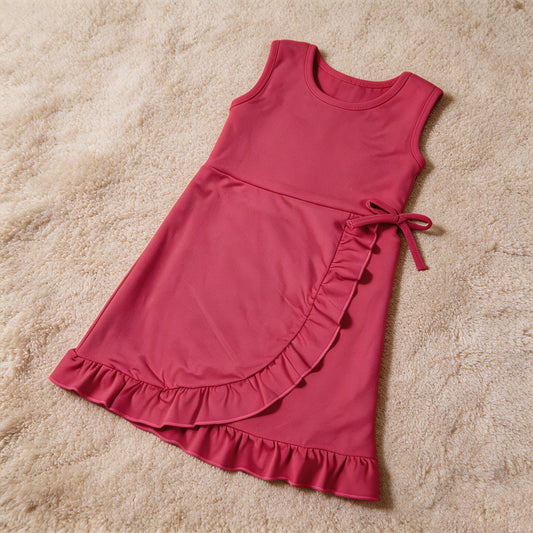 GSD3766 RTS NO MOQ （In stock）Sleeveless hot pink bow ruffle kids girls summer athletic dress