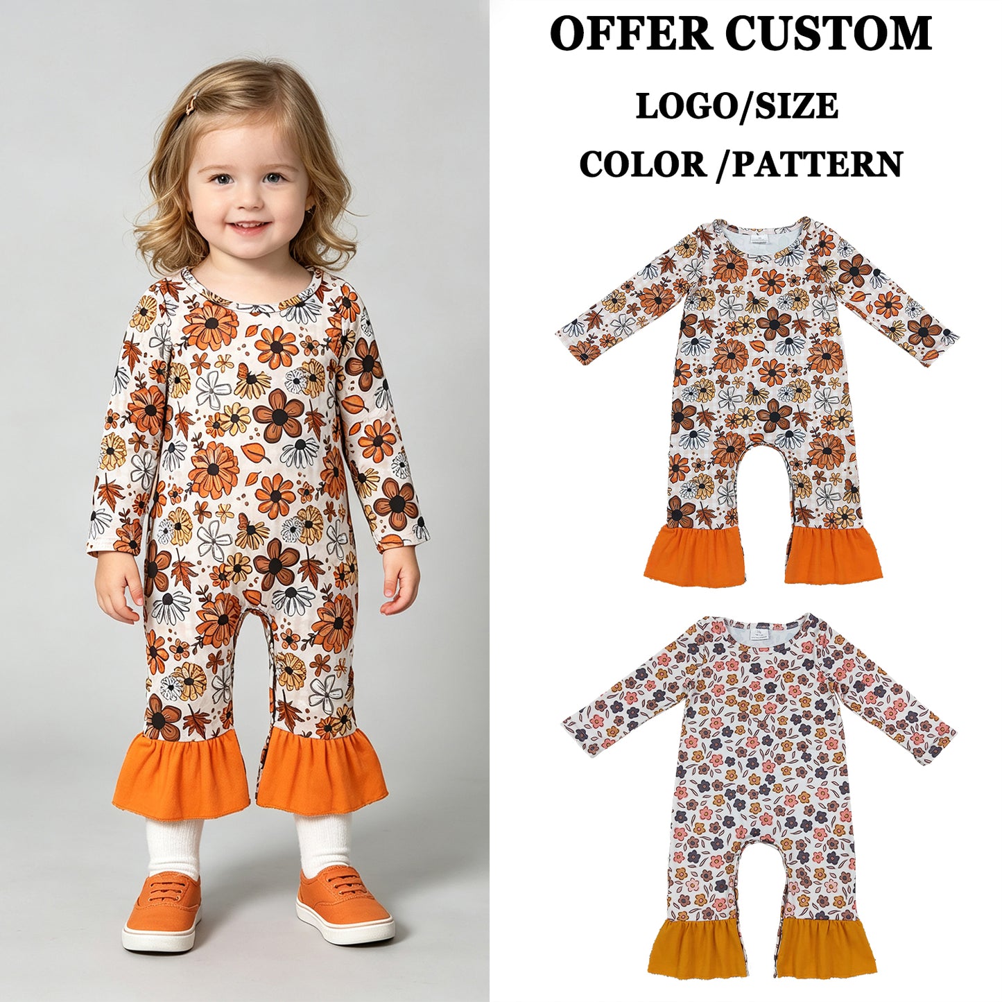 RTS Sibling milk silk Baby Girls Long Sleeve Flowers Leaves Print Fall Ruffle Pant Rompers