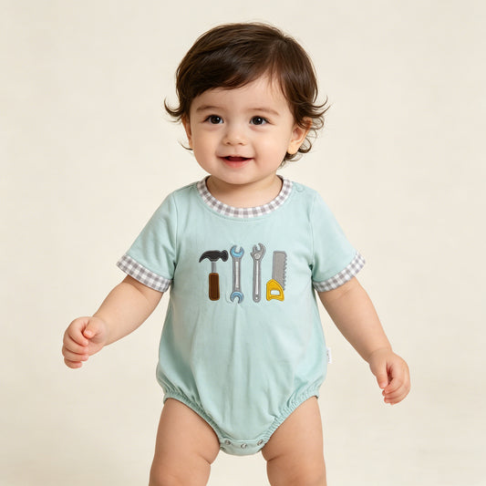 SR3541 RTS NO MOQ （In stock）Plaid short sleeves tools baby boy romper