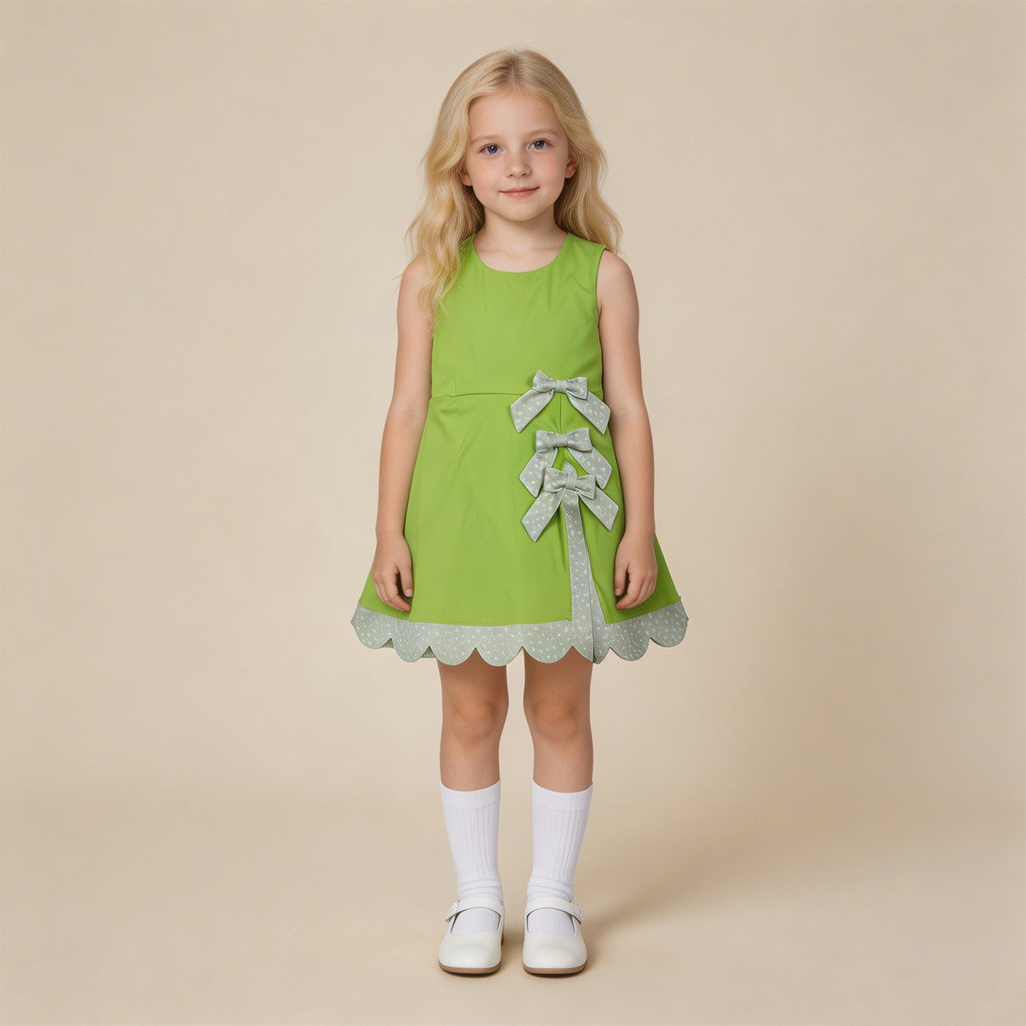 GSD3316 RTS NO MOQ （In stock ）Sleeveless bow lime green scallop girls athletic dress