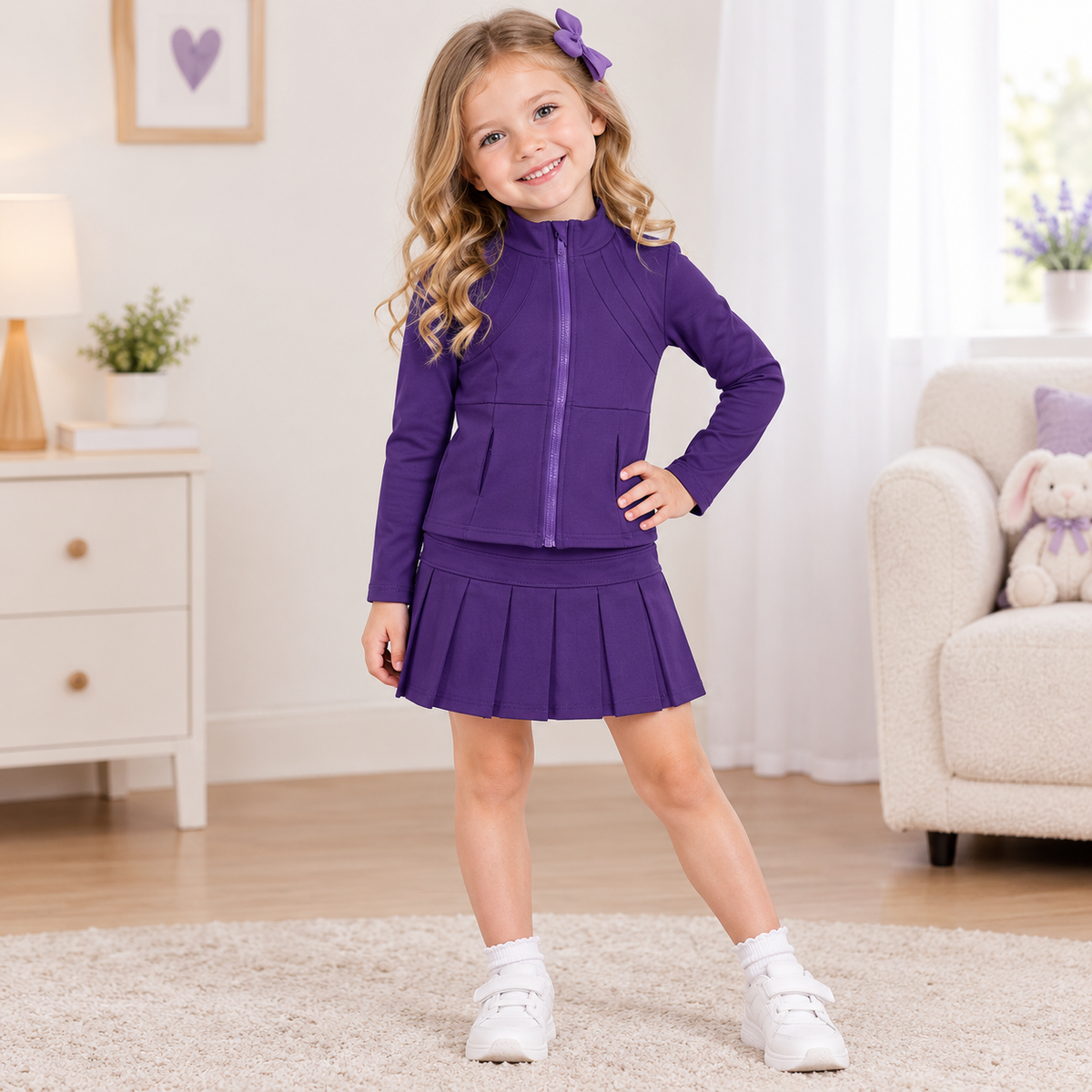 RTS NO MOQ （In stock）yoga fabric cotton GLD1704(GT1803+GLK0086) Yoga Toddler Girls Purple Zip Long Sleeve Top Skorts Bottom Pleated Skirts Yoga Set