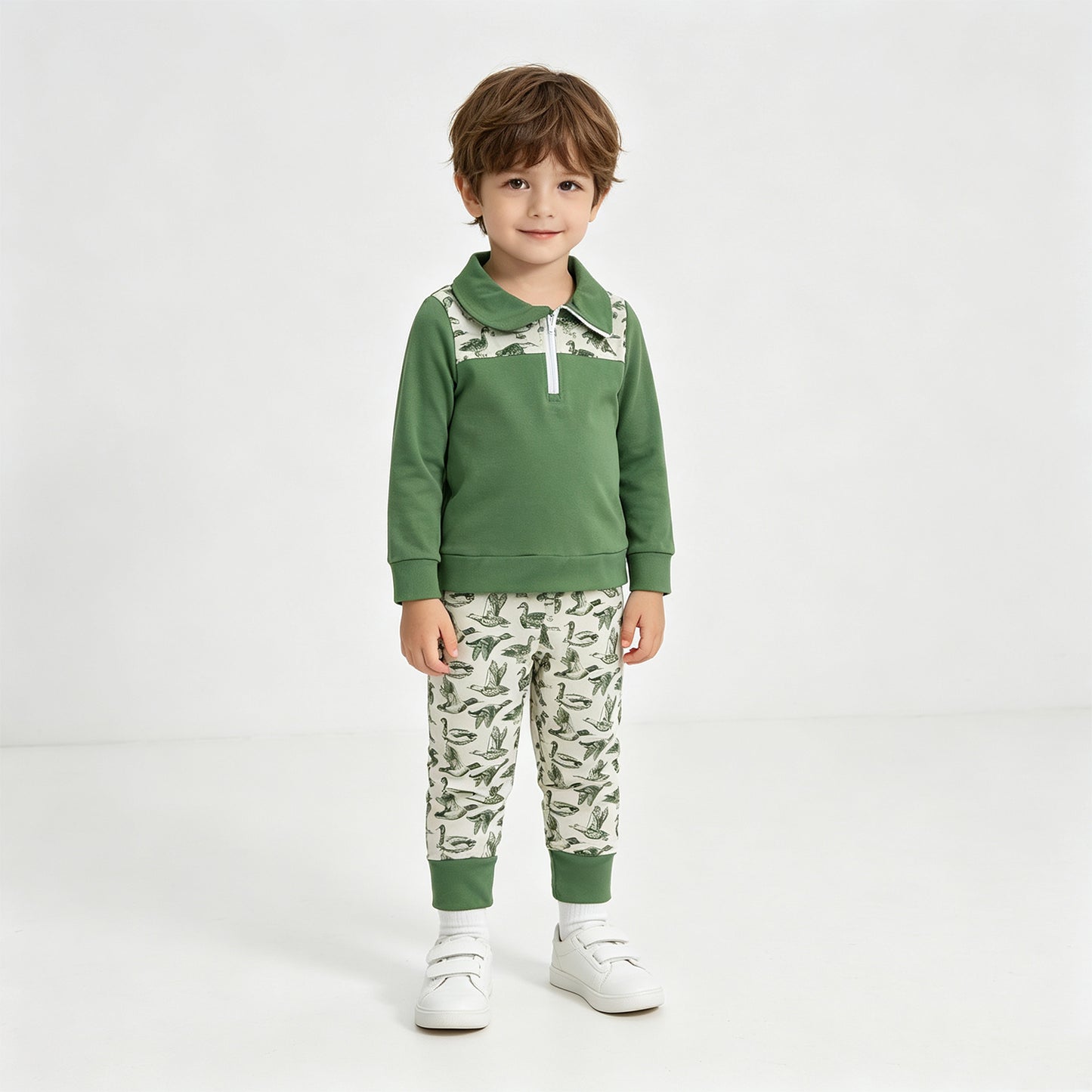BLP1449 RTS NO MOQ （In stock） milk silk Baby Boys Duck Hunting Print Long Sleeve Zip Pullover Top With Side Pockets Jogger Pants Set