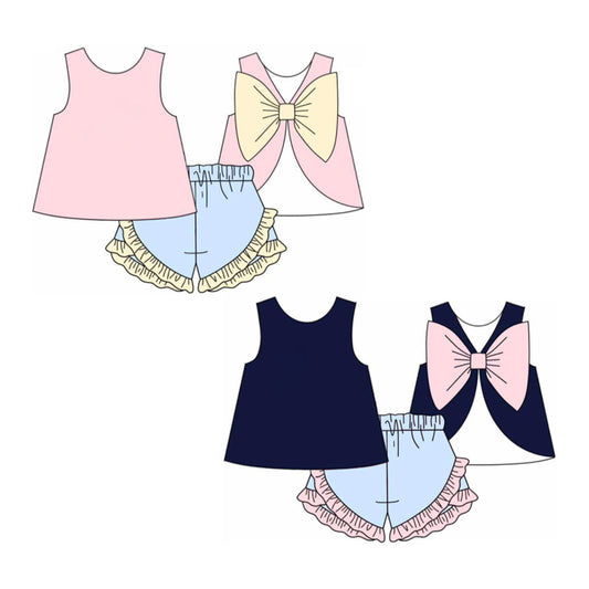 Girls Yellow Bow Sleeveless Tunic Top with Pink Shorts Outfit Set Casual Comfortable Children's Clothing Set for Ages 4-12