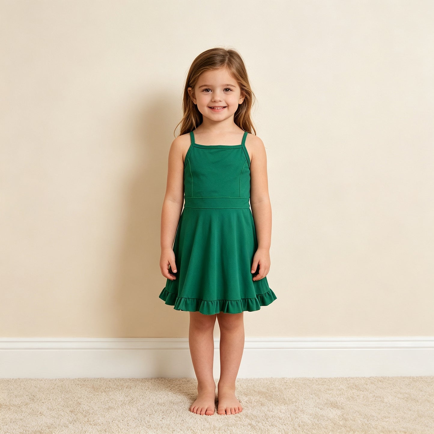 RTS NO MOQ （In stock）yoga fabric cotton S0782 Baby Girls Green Knit Knee Length Active Wear Dresses Casual Wear