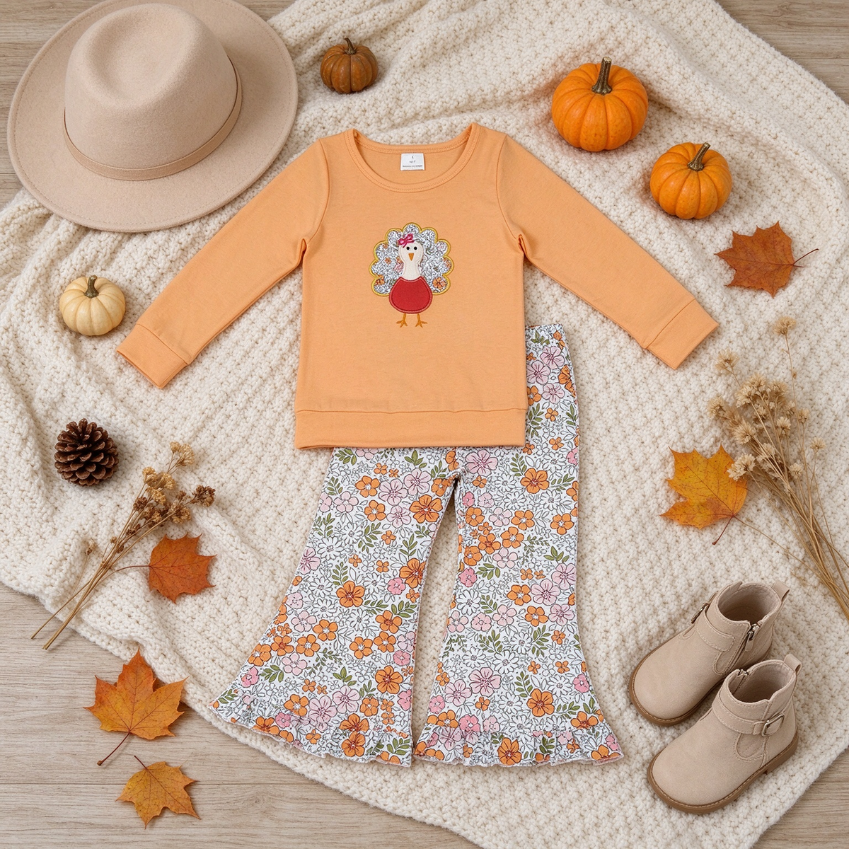 RTS NO MOQ （In stock）milk silk GLP3563 Embroidery Flowers Turkey Baby Girls Top Bell Bottom Pant Fall Holiday Outfit
