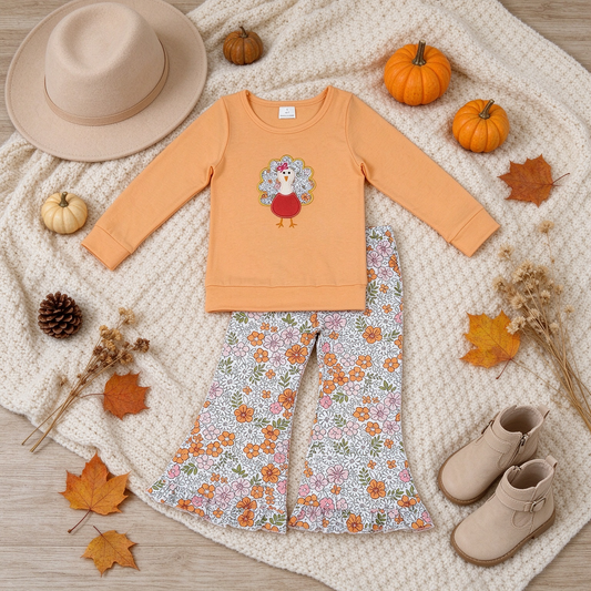 RTS NO MOQ （In stock）milk silk GLP3563 Embroidery Flowers Turkey Baby Girls Top Bell Bottom Pant Fall Holiday Outfit