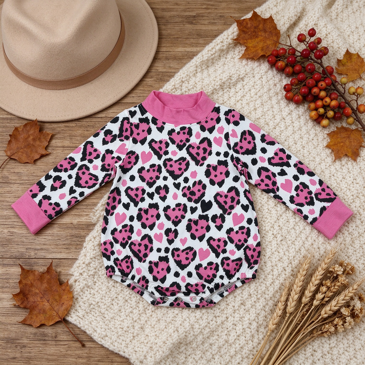 RTS NO MOQ （In stock）milk silk LR3332 High Neck Baby Girls Long Sleeve Pink Black Leopard Hearts Mock Neck Valentine's Romper