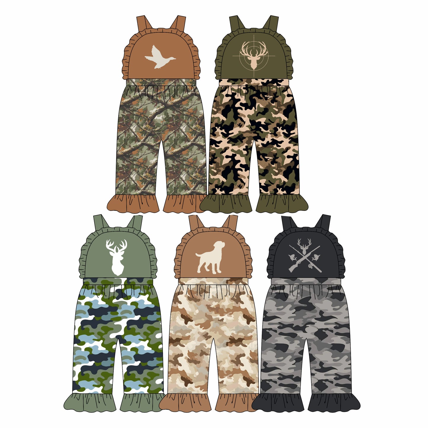 4.21 Pre order No Moq Baby Girls Strap Duck Leaves Camo Ruffle Pant Hunting Jumpsuits