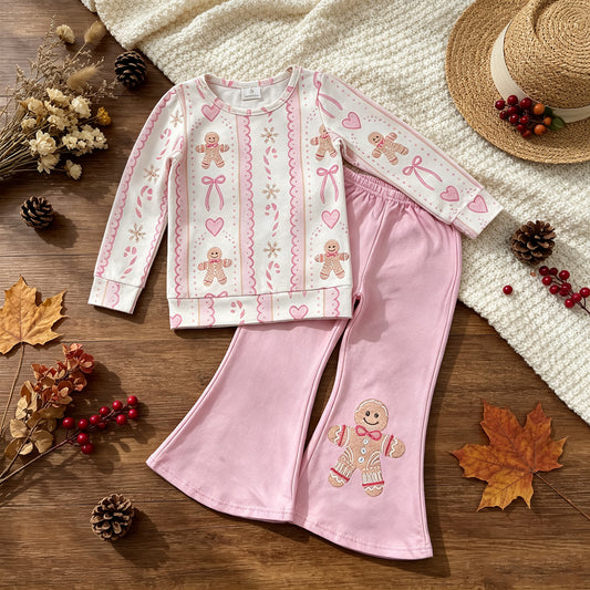 RTS NO MOQ milk silk GLP3540 Baby Girls Pink Gingerbread Candy Cane Bow Print Long Sleeve Top Pink Flare Bell Bottom Pants Christmas Outfit