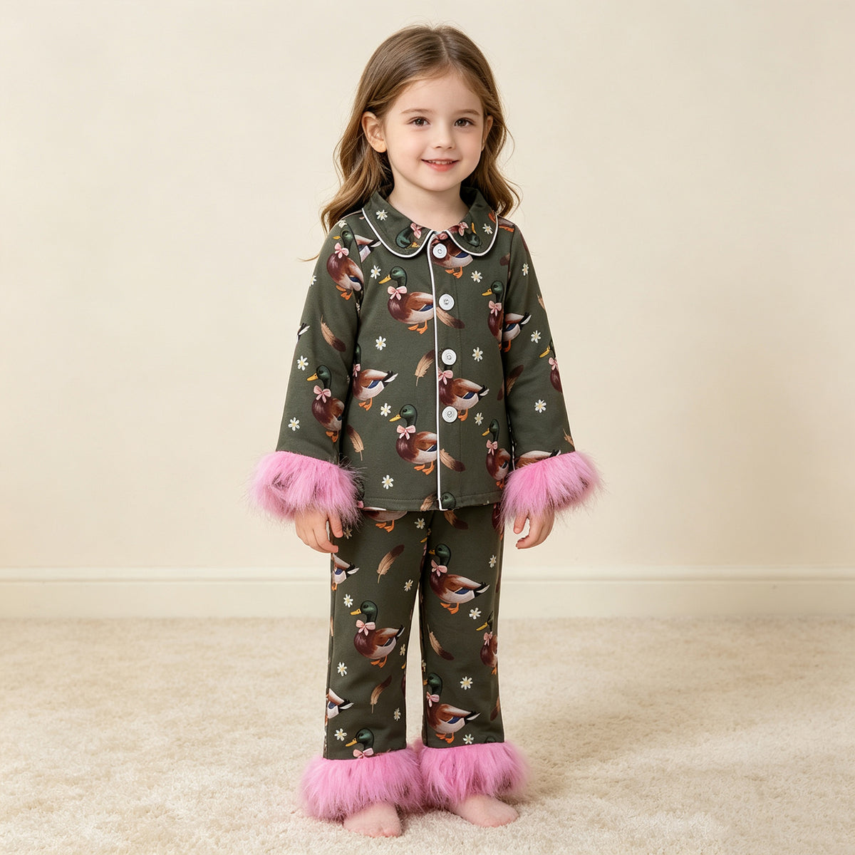 RTS NO MOQ （In stock）milk silk GLP3629 Baby Girls Flowers Ducks Button Top Pant Fur Sleeves Hunting Pajamas Set